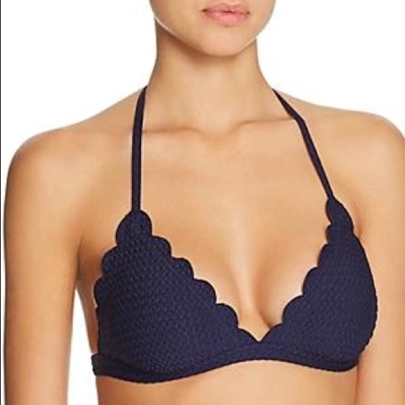 KATE SPADE Scallop Textured Triangle Swim Top In French Navy Size Large - Picture 1 of 7